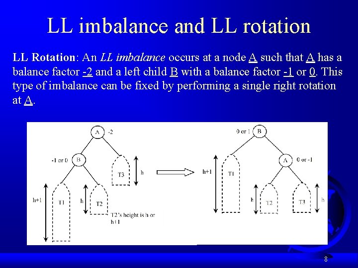 LL imbalance and LL rotation LL Rotation: An LL imbalance occurs at a node