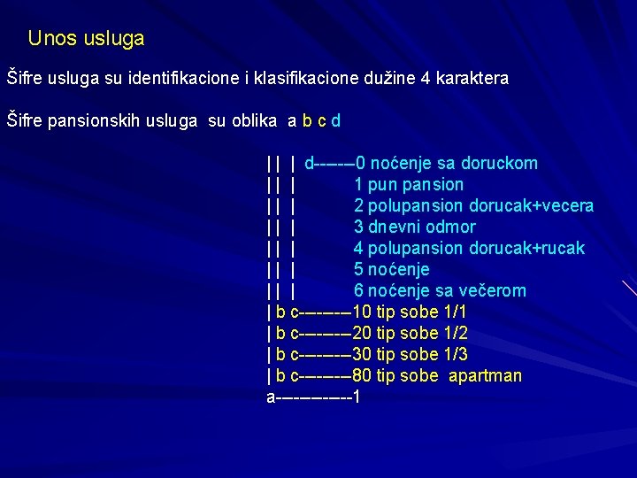 Unos usluga Šifre usluga su identifikacione i klasifikacione dužine 4 karaktera Šifre pansionskih usluga