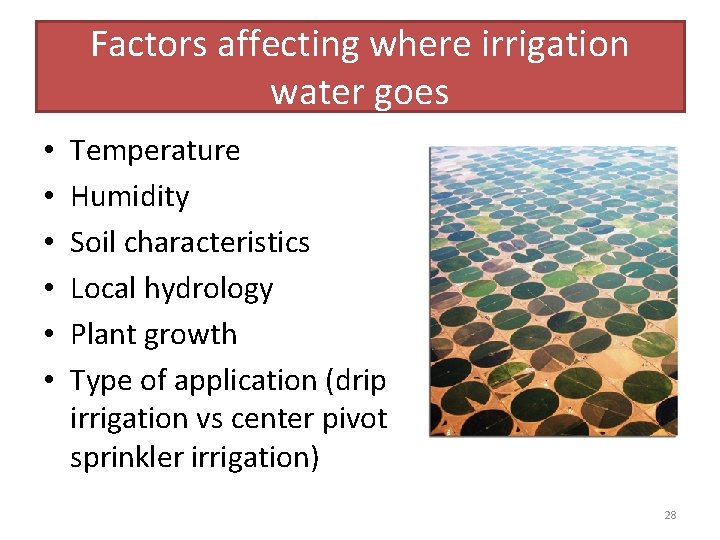 Factors affecting where irrigation water goes • • • Temperature Humidity Soil characteristics Local