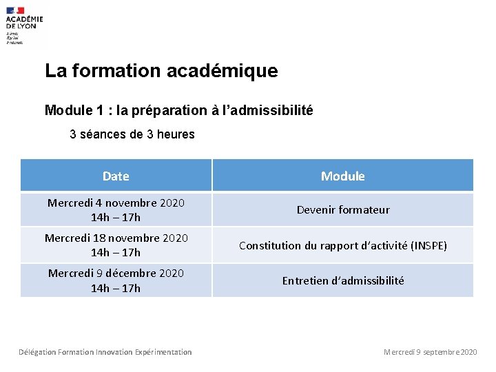 La formation académique Module 1 : la préparation à l’admissibilité 3 séances de 3