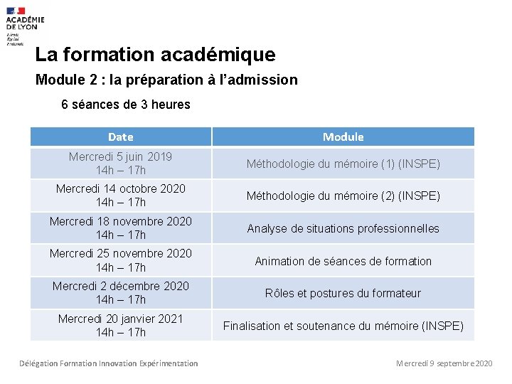 La formation académique Module 2 : la préparation à l’admission 6 séances de 3