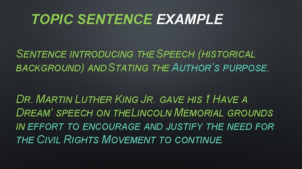 TOPIC SENTENCE EXAMPLE SENTENCE INTRODUCING THE SPEECH (HISTORICAL BACKGROUND) AND STATING THE AUTHOR’S PURPOSE.