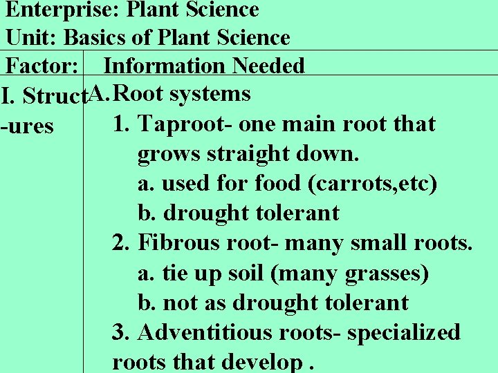 Enterprise: Plant Science Unit: Basics of Plant Science Factor: Information Needed I. Struct. A.