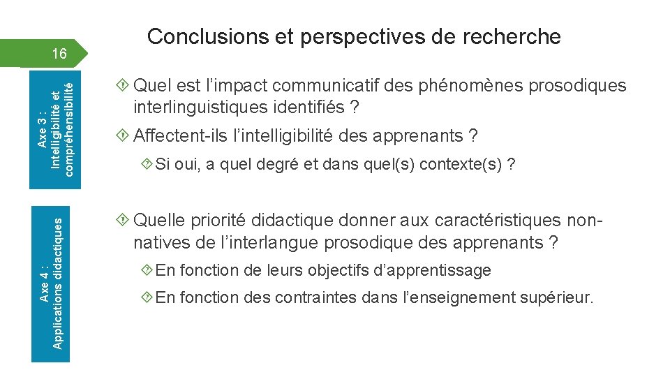 Axe 4 : Applications didactiques Axe 3 : Intelligibilité et compréhensibilité 16 Conclusions et