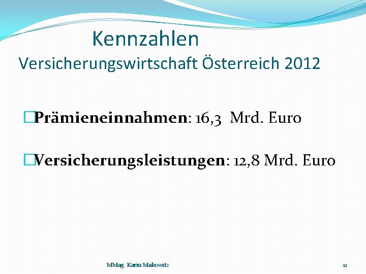 Kennzahlen Versicherungswirtschaft Österreich 2012 �Prämieneinnahmen: 16, 3 Mrd. Euro �Versicherungsleistungen: 12, 8 Mrd. Euro
