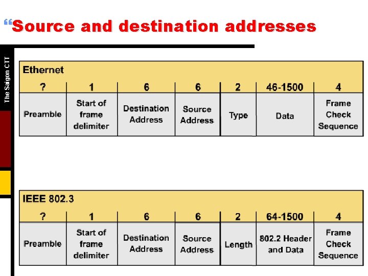 The Saigon CTT }Source and destination addresses • • MAC addresses. Unicast. Multicast (D)