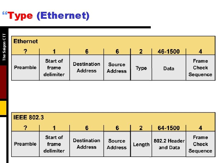 The Saigon CTT }Type (Ethernet) • Specifies the upper-layer protocol to receive the data