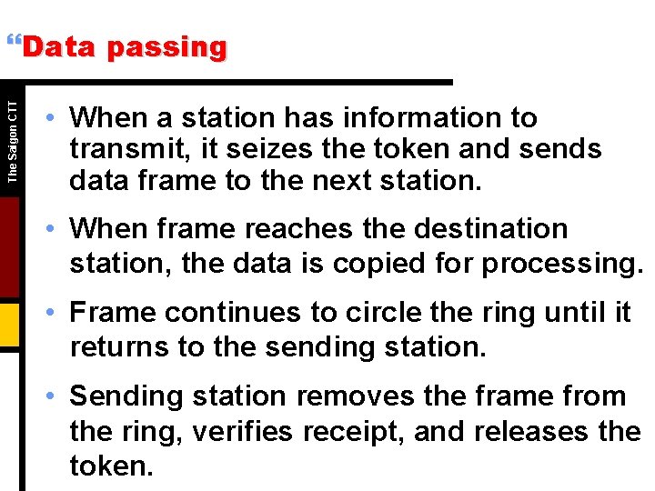 The Saigon CTT }Data passing • When a station has information to transmit, it