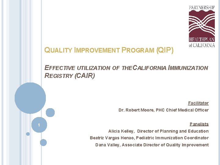 QUALITY IMPROVEMENT PROGRAM (QIP) EFFECTIVE UTILIZATION OF THE CALIFORNIA IMMUNIZATION REGISTRY (CAIR) Facilitator Dr.