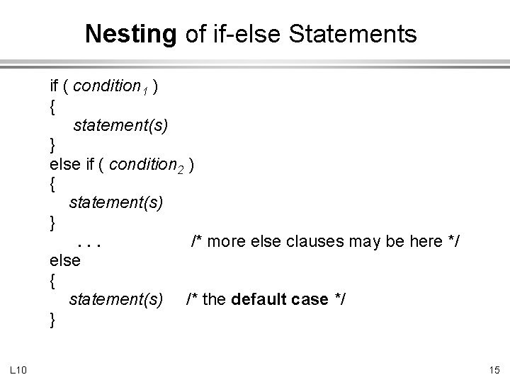 Nesting of if-else Statements if ( condition 1 ) { statement(s) } else if