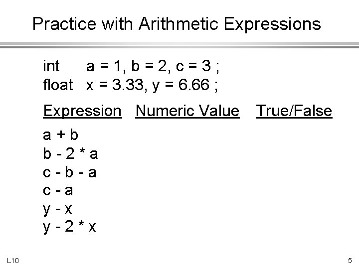 Practice with Arithmetic Expressions int a = 1, b = 2, c = 3