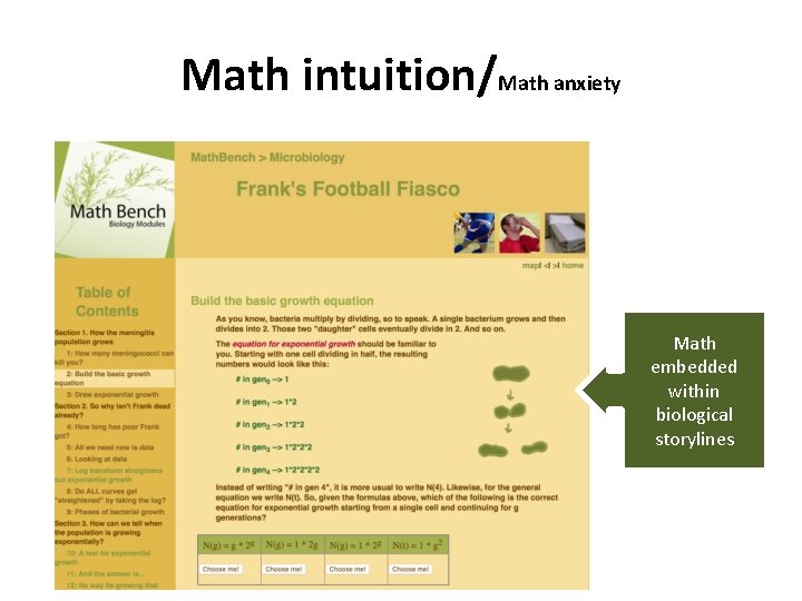 Math intuition/Math anxiety Math embedded within biological storylines 
