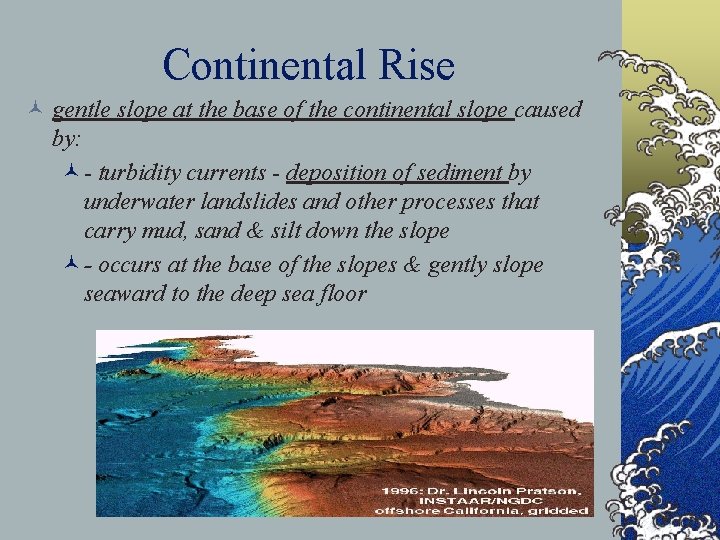Continental Rise © gentle slope at the base of the continental slope caused by: