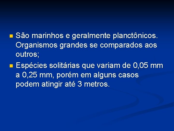 São marinhos e geralmente planctônicos. Organismos grandes se comparados aos outros; n Espécies solitárias