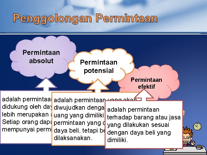 Penggolongan Permintaan absolut Permintaan potensial Permintaan efektif adalah permintaanadalah yang tidak permintaan yang akan