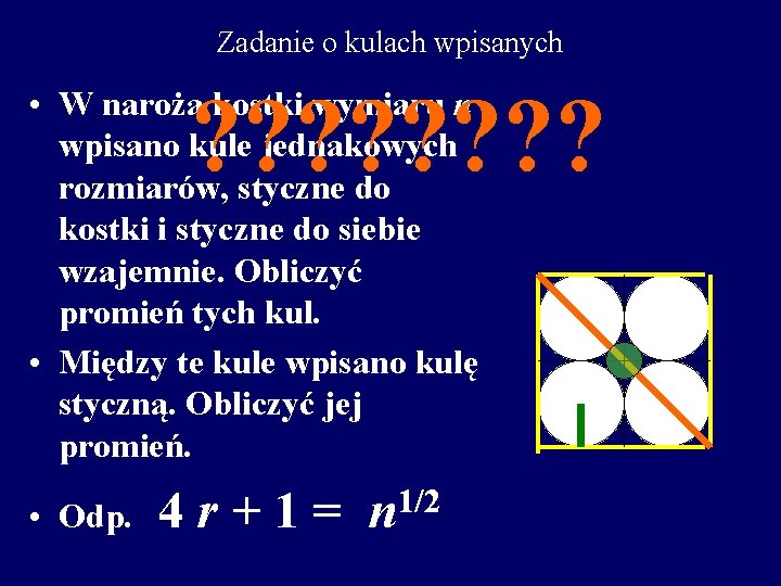 Zadanie o kulach wpisanych ? ? ? ? • W naroża kostki wymiaru n