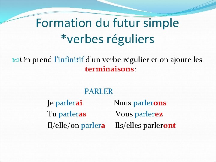 Formation du futur simple *verbes réguliers On prend l’infinitif d’un verbe régulier et on