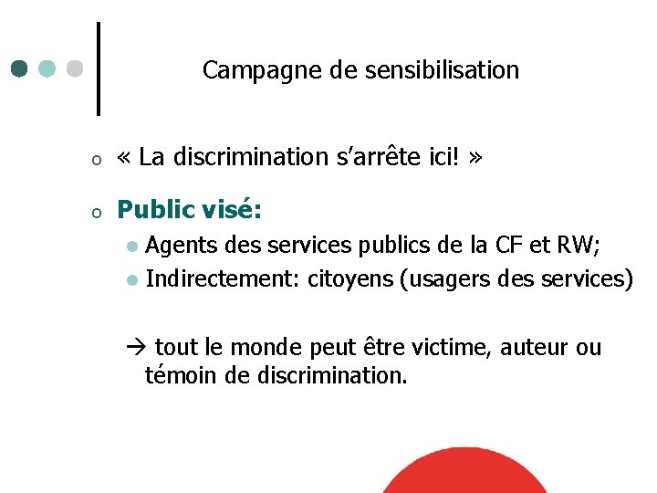 Campagne de sensibilisation o « La discrimination s’arrête ici! » o Public visé: Agents