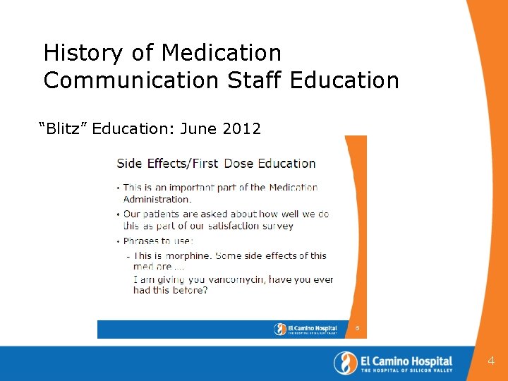 History of Medication Communication Staff Education “Blitz” Education: June 2012 4 