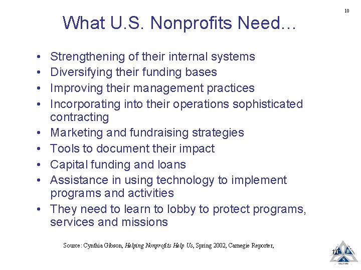 10 What U. S. Nonprofits Need… • • • Strengthening of their internal systems