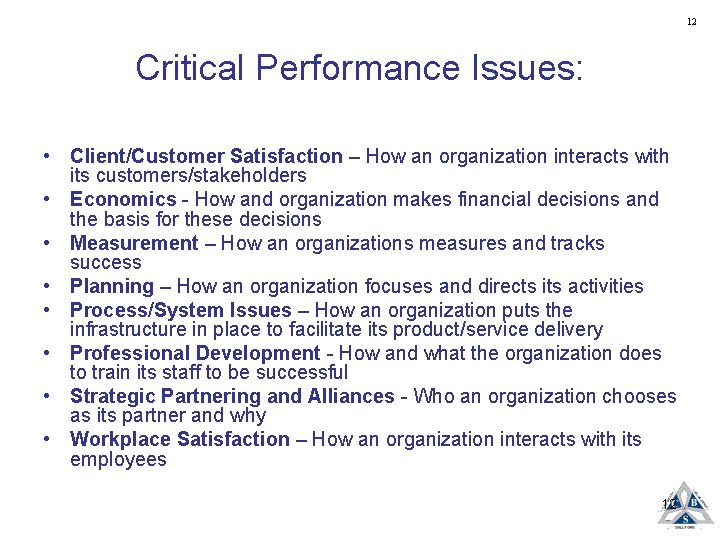 12 Critical Performance Issues: • Client/Customer Satisfaction – How an organization interacts with its