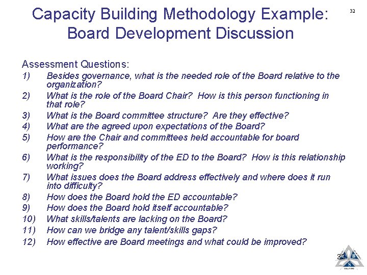 Capacity Building Methodology Example: Board Development Discussion 32 Assessment Questions: 1) 2) 3) 4)