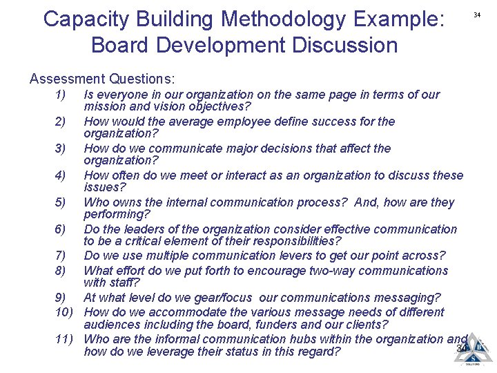 Capacity Building Methodology Example: Board Development Discussion Assessment Questions: 1) Is everyone in our
