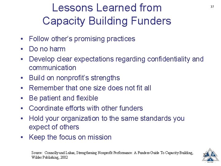 Lessons Learned from Capacity Building Funders 37 • Follow other’s promising practices • Do