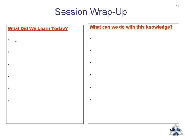 40 Session Wrap-Up What Did We Learn Today? What can we do with this