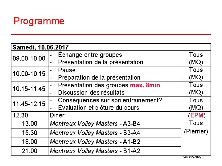 Programme Samedi, 10. 06. 2017 - Échange entre groupes 09. 00 -10. 00 -