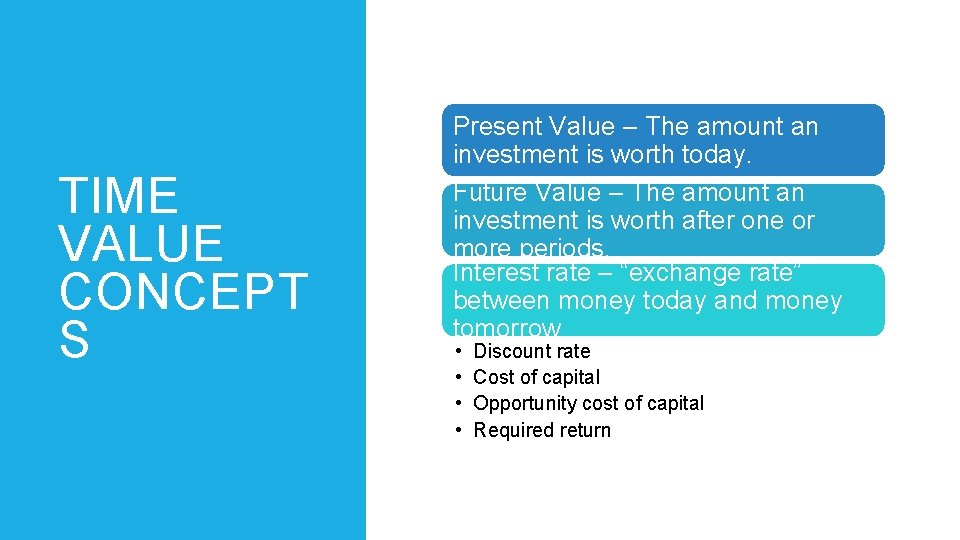 TIME VALUE CONCEPT S Present Value – The amount an investment is worth today.