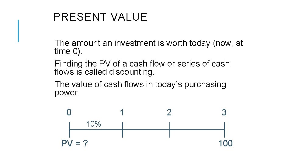 PRESENT VALUE The amount an investment is worth today (now, at time 0). Finding