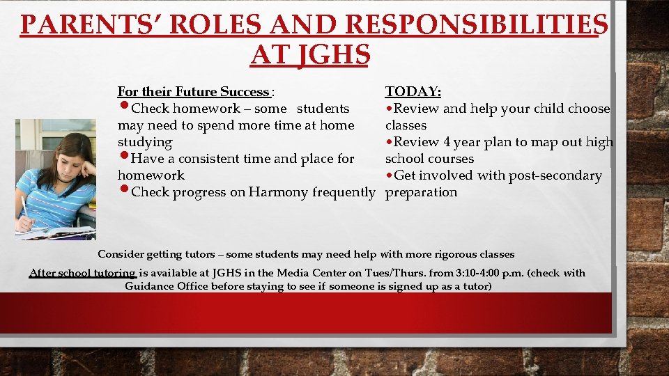 PARENTS’ ROLES AND RESPONSIBILITIES AT JGHS For their Future Success : Check homework –