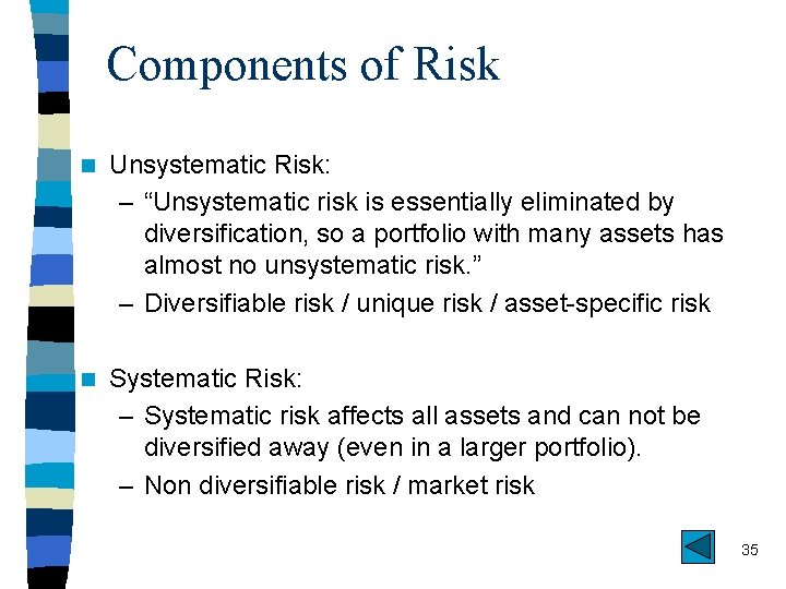 Components of Risk n Unsystematic Risk: – “Unsystematic risk is essentially eliminated by diversification,