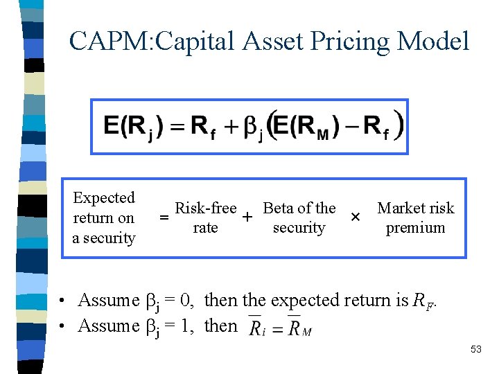 CAPM: Capital Asset Pricing Model Expected return on a security Risk-free Beta of the