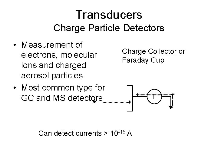 Transducers Charge Particle Detectors • Measurement of electrons, molecular ions and charged aerosol particles