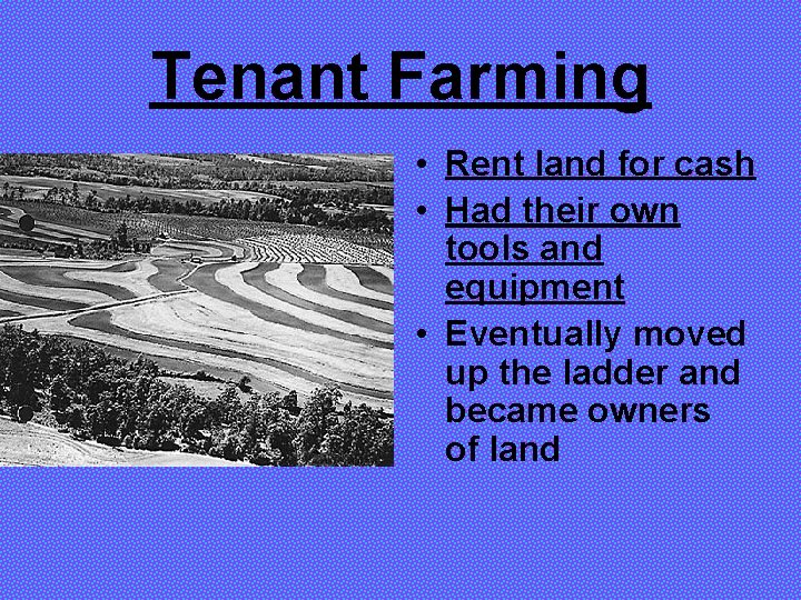 Tenant Farming • Rent land for cash • Had their own tools and equipment