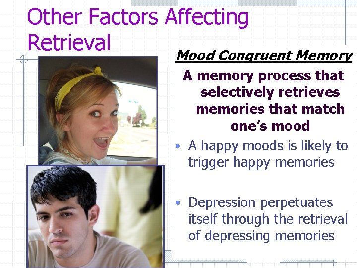 Other Factors Affecting Retrieval Mood Congruent Memory A memory process that selectively retrieves memories