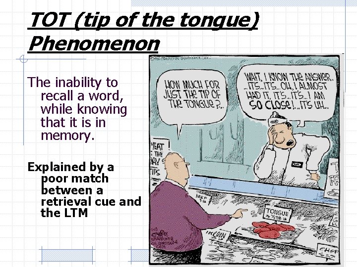 TOT (tip of the tongue) Phenomenon The inability to recall a word, while knowing