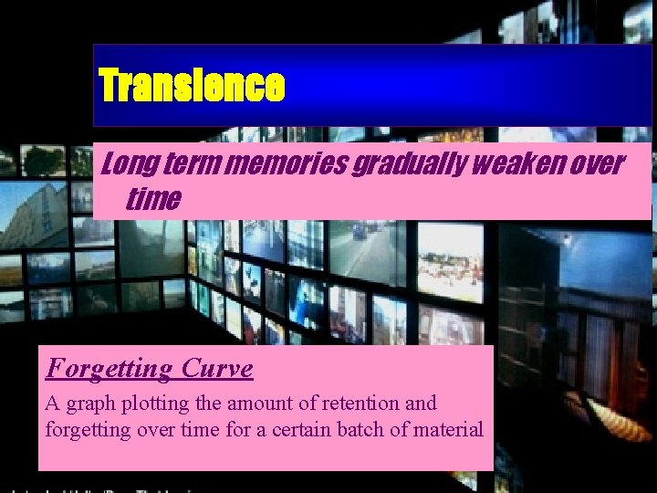 Transience Long term memories gradually weaken over time Forgetting Curve A graph plotting the