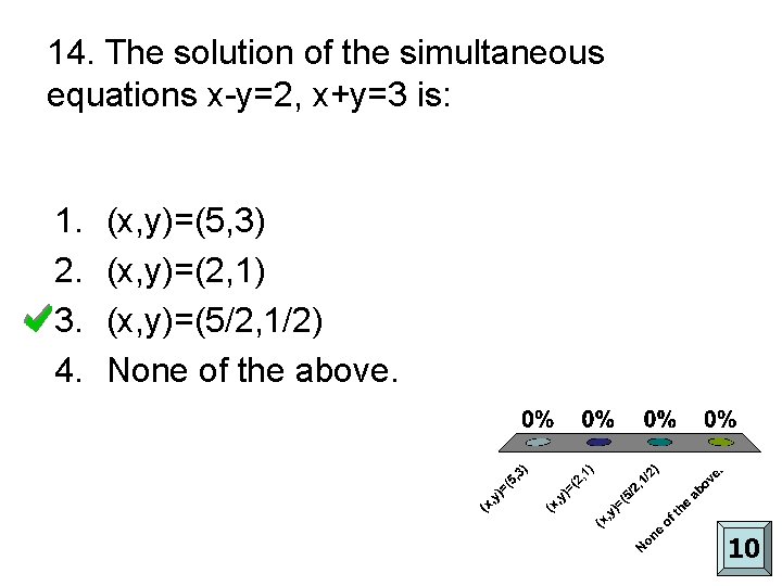 14. The solution of the simultaneous equations x-y=2, x+y=3 is: 1. 2. 3. 4.