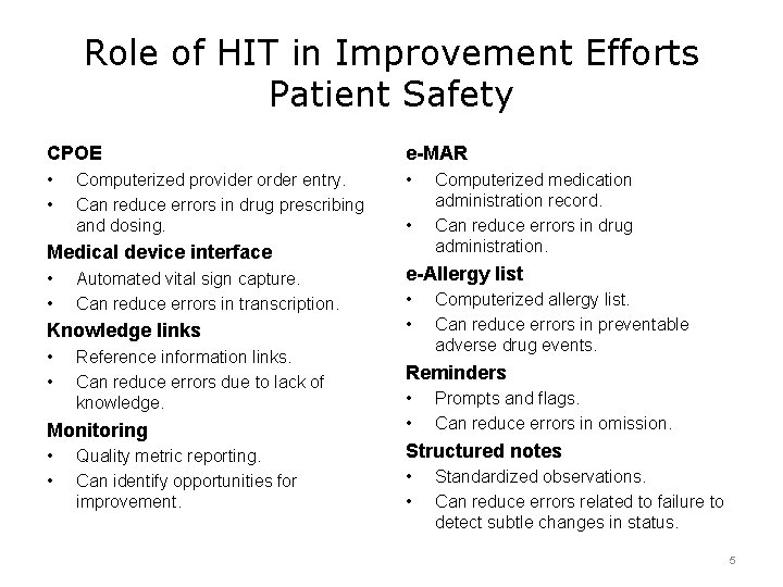 Role of HIT in Improvement Efforts Patient Safety CPOE e-MAR • • • Computerized