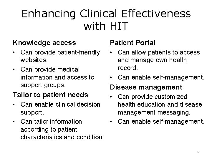 Enhancing Clinical Effectiveness with HIT Knowledge access Patient Portal • Can provide patient-friendly websites.