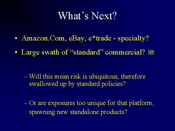 What’s Next? • Amazon. Com, e. Bay, e*trade - specialty? • Large swath of
