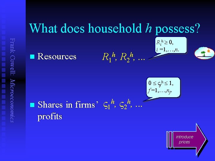 What does household h possess? Frank Cowell: Microeconomics n Resources R 1 h, R