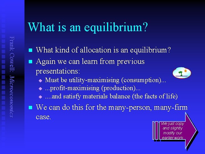 What is an equilibrium? Frank Cowell: Microeconomics n n What kind of allocation is