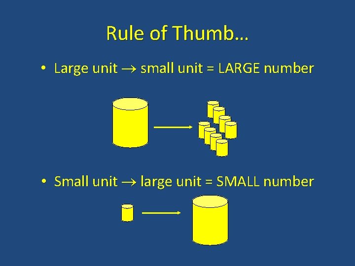 Rule of Thumb… • Large unit small unit = LARGE number • Small unit