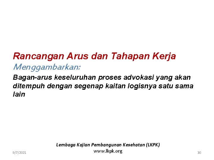 Rancangan Arus dan Tahapan Kerja Menggambarkan: Bagan-arus keseluruhan proses advokasi yang akan ditempuh dengan