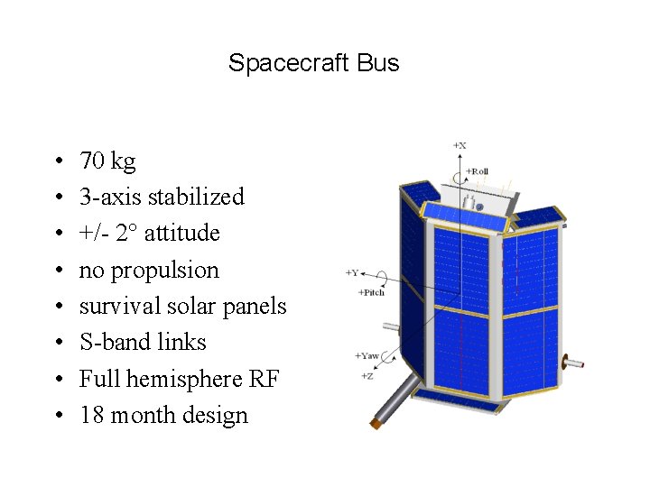 Spacecraft Bus • • 70 kg 3 -axis stabilized +/- 2° attitude no propulsion