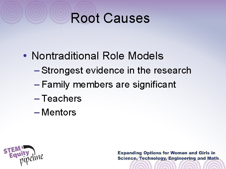 Root Causes • Nontraditional Role Models – Strongest evidence in the research – Family